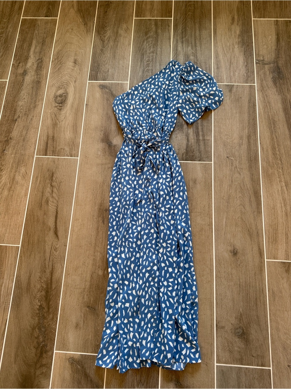 Blue One-Shoulder Printed Maxi Dress with Waist Tie